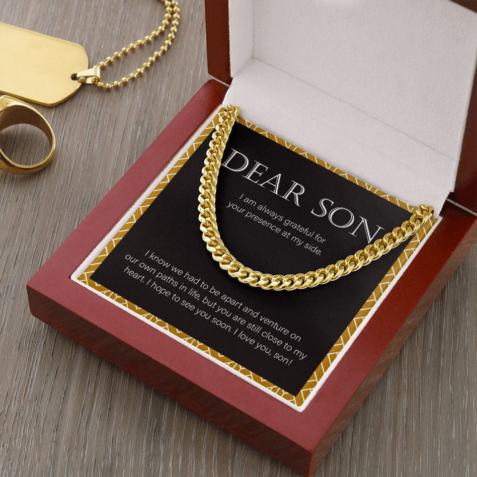 "Close To My Heart" Long-Distance Son Necklace Gift From Mom Dad Cuban Link Chain Jewelry Box Birthday Christmas Graduation Thanksgiving