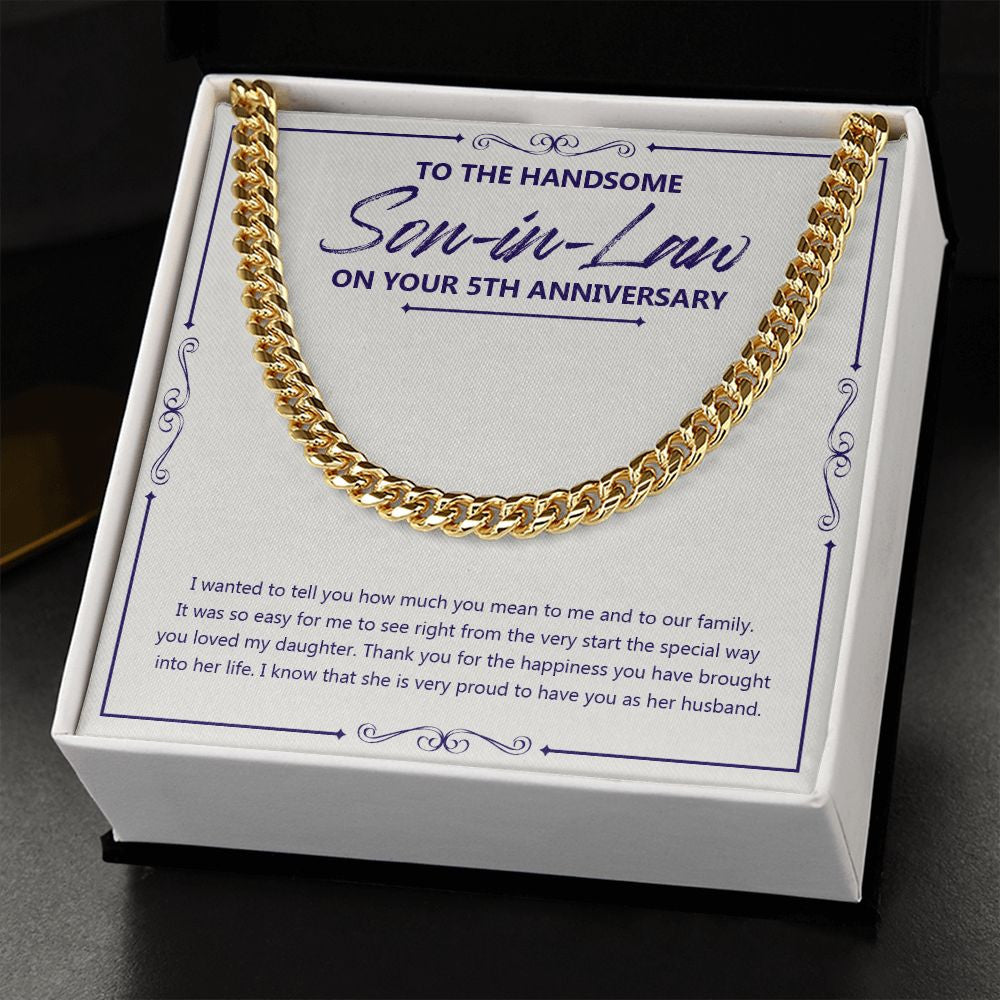 "Right From The Start" Handsome Son In Law 5th Wedding Anniversary Necklace Gift From Mother-In-Law Father-In-Law Cuban Link Chain Jewelry Box