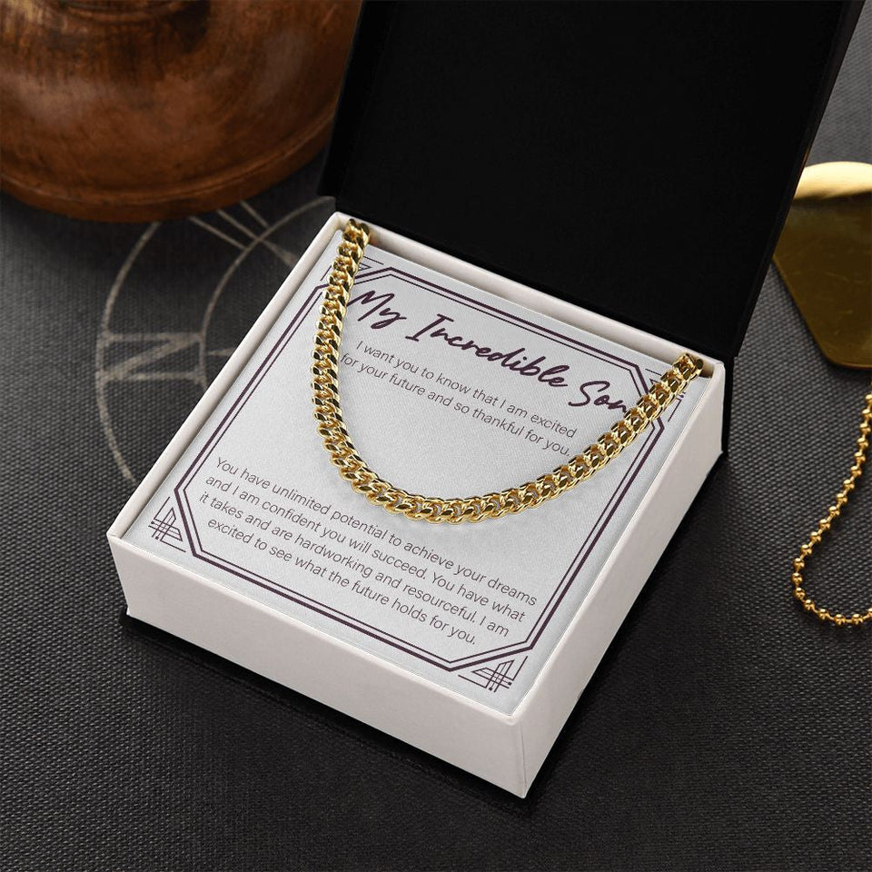 "Excited For Your Future" Incredible Son Necklace Gift From Mom Dad Cuban Link Chain Jewelry Box Birthday Graduation Christmas Wedding