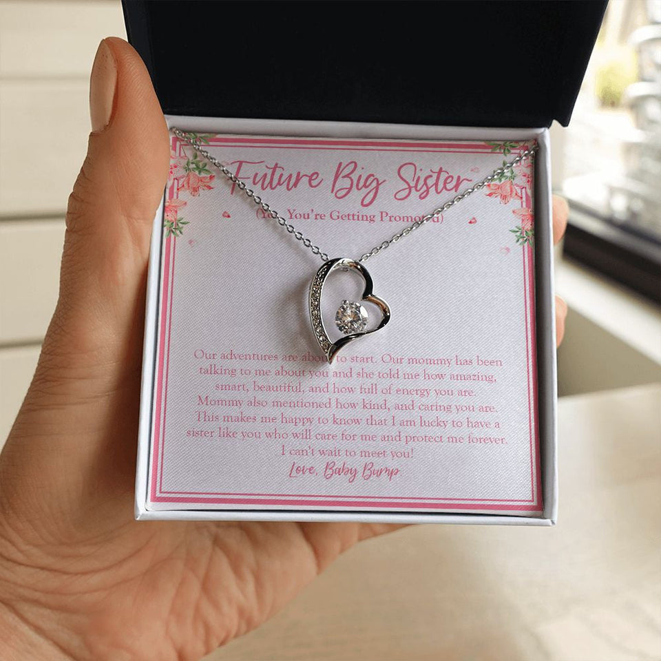 "Our Adventure Is About To Start" Future Big Sister Necklace Gift From Soon To Be Sibling Forever Love Pendant Jewelry Box Birth Announcement Baby Shower