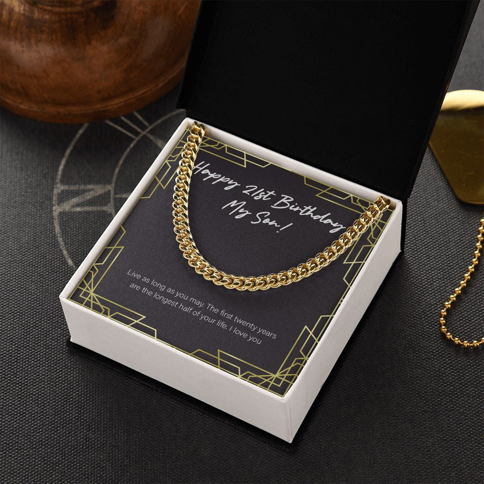 "Longest Half Of Life" Son 21st Birthday Necklace Gift From Mom Dad Cuban Link Chain Jewelry Box