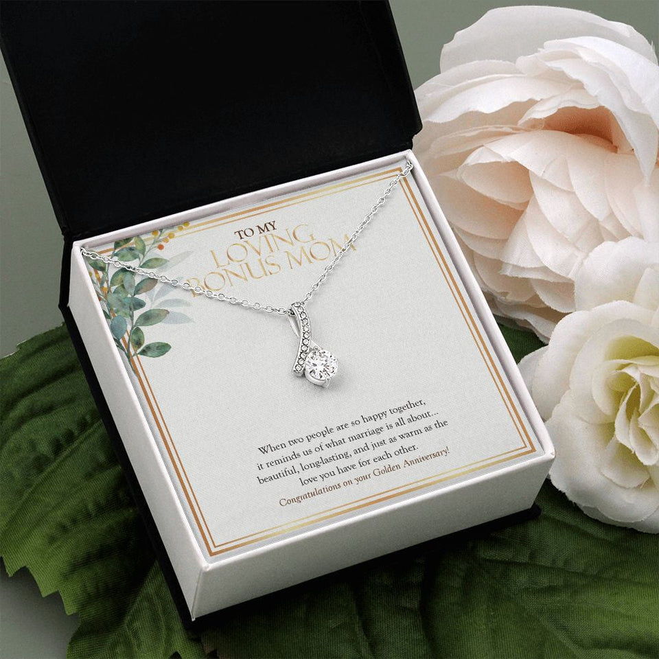"Two People Happy Together" Loving Bonus Mom Golden 50th Wedding Anniversary Necklace Gift From Daughter Son Alluring Beauty Pendant Jewelry Box