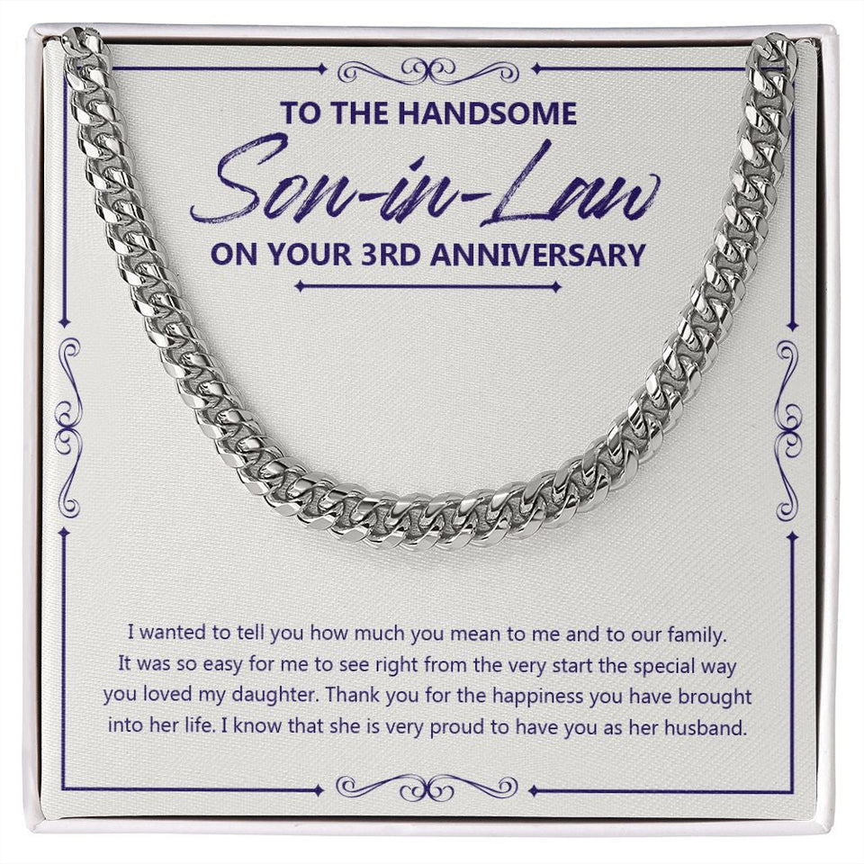 "So Easy To See" Handsome Son In Law 3rd Wedding Anniversary Necklace Gift From Mother-In-Law Father-In-Law Cuban Link Chain Jewelry Box