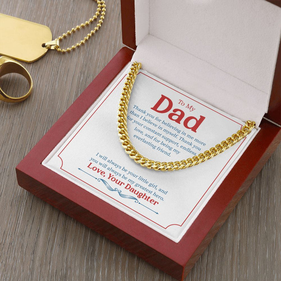 "Little Girl Greatest Hero" Dad Necklace Gift From Daughter Cuban Link Chain Jewelry Box Fathers Day Birthday Christmas Valentines