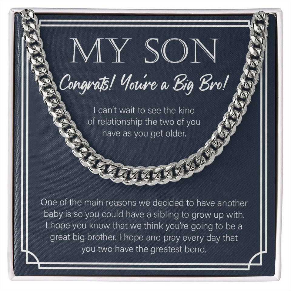 "Sibling To Grow Up With" Son Promoted To Big Bro Necklace Gift From Mom Dad Parents Cuban Link Chain Jewelry Box Birth Announcement Pregnancy Reveal