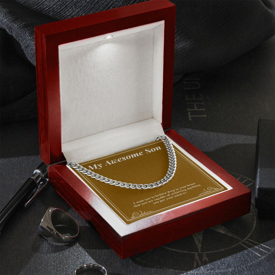 "Deep In His Heart" Awesome Son Necklace Gift From Mom Dad Cuban Link Chain Jewelry Box Birthday Graduation Christmas Thanksgiving