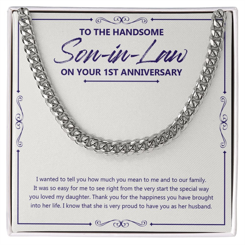 "Happiness You Brought" Handsome Son In Law 1st Wedding Anniversary Necklace Gift From Mother-In-Law Father-In-Law Cuban Link Chain Jewelry Box