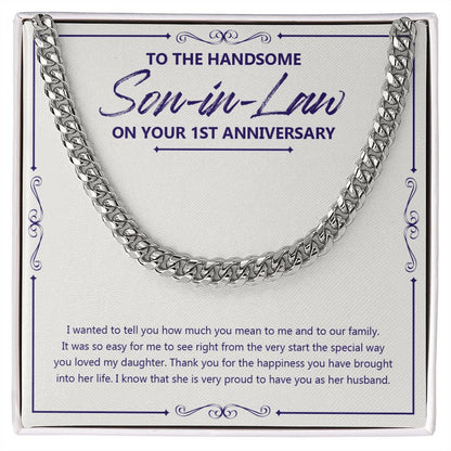 "Happiness You Brought" Handsome Son In Law 1st Wedding Anniversary Necklace Gift From Mother-In-Law Father-In-Law Cuban Link Chain Jewelry Box