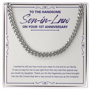 "Happiness You Brought" Handsome Son In Law 1st Wedding Anniversary Necklace Gift From Mother-In-Law Father-In-Law Cuban Link Chain Jewelry Box