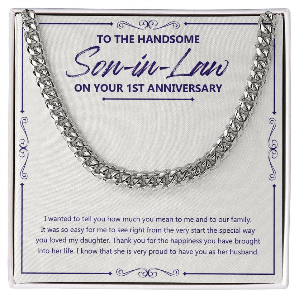 "Happiness You Brought" Handsome Son In Law 1st Wedding Anniversary Necklace Gift From Mother-In-Law Father-In-Law Cuban Link Chain Jewelry Box