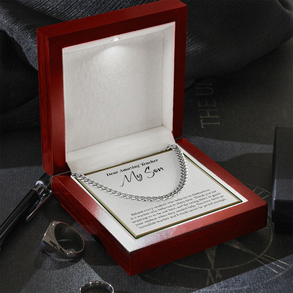 "Behind Every Student" Amazing Teacher Son Necklace Gift From Mom Dad Cuban Link Chain Jewelry Box Teachers Day Thanksgiving Birthday