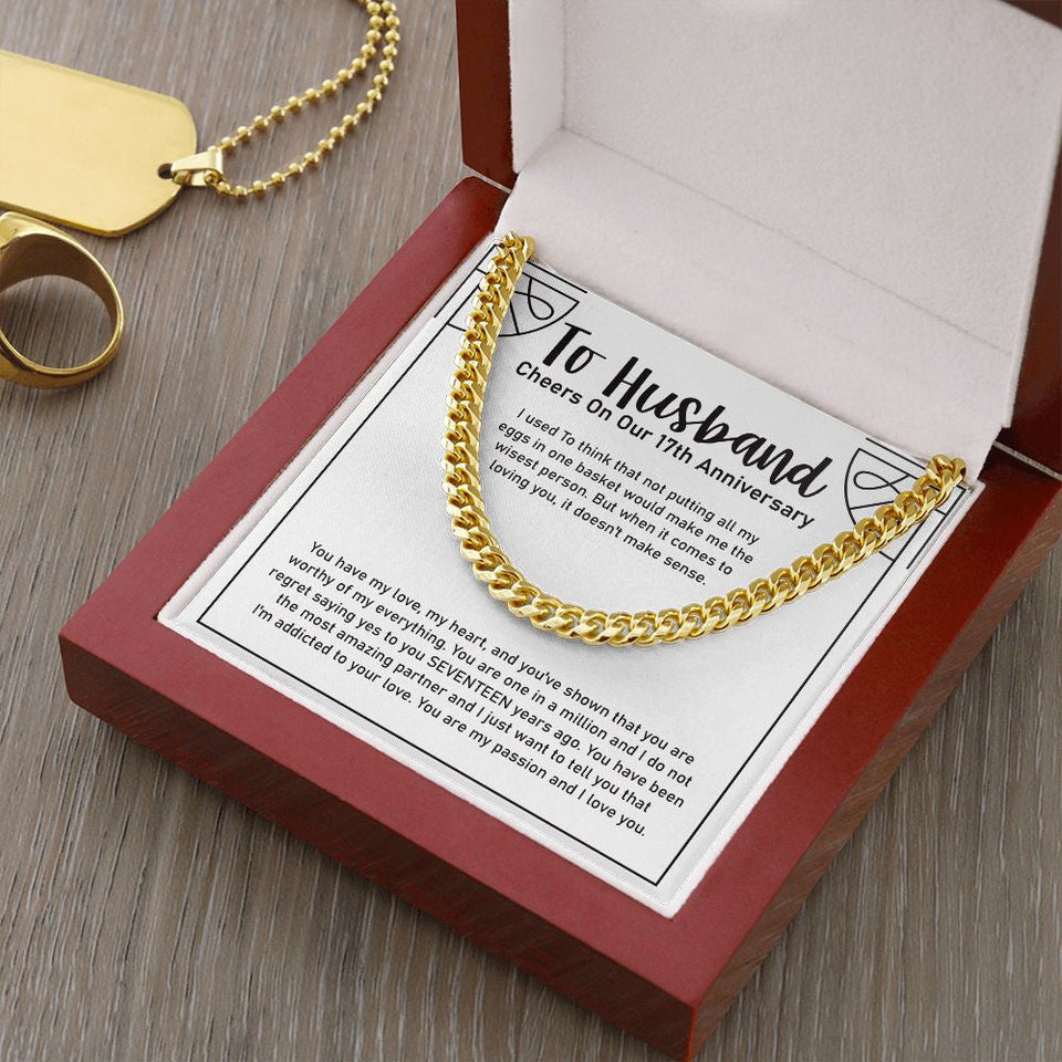 "Eggs In One Basket" Husband 16th Wedding Anniversary Necklace Gift From Wife Cuban Link Chain Jewelry Box