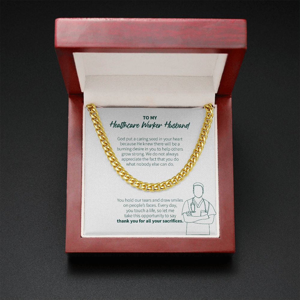 "Caring Seed In Your Heart" Healthcare Worker Husband Necklace Gift From Wife Cuban Link Chain Jewelry Box Thanksgiving Birthday Christmas