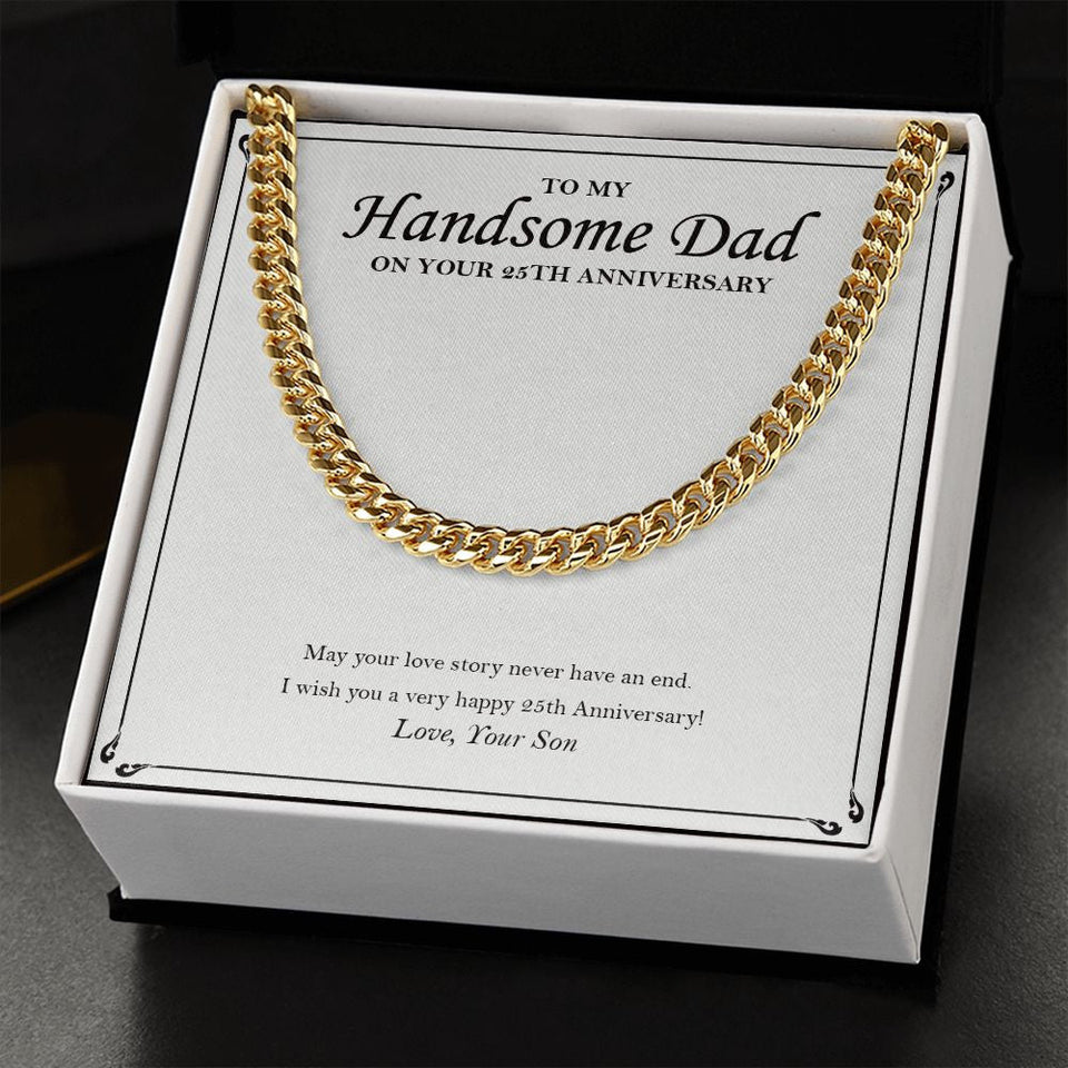 "Love Story Never End" Handsome Dad Silver Wedding Anniversary Necklace Gift From Son Daughter Cuban Link Chain Jewelry Box