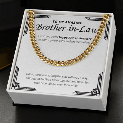 "Love And Laughter Stays With You" Amazing Brother In Law 30th Wedding Anniversary Necklace Gift From Sister-In-Law Brother-In-Law Cuban Link Chain Jewelry Box