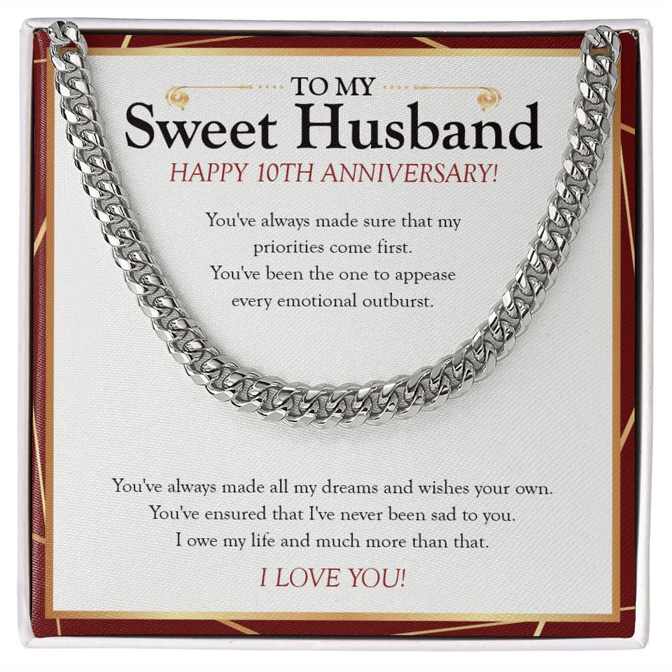 "I Owe My Life To You" Sweet Husband 10th Wedding Anniversary Necklace Gift From Wife Cuban Link Chain Jewelry Box