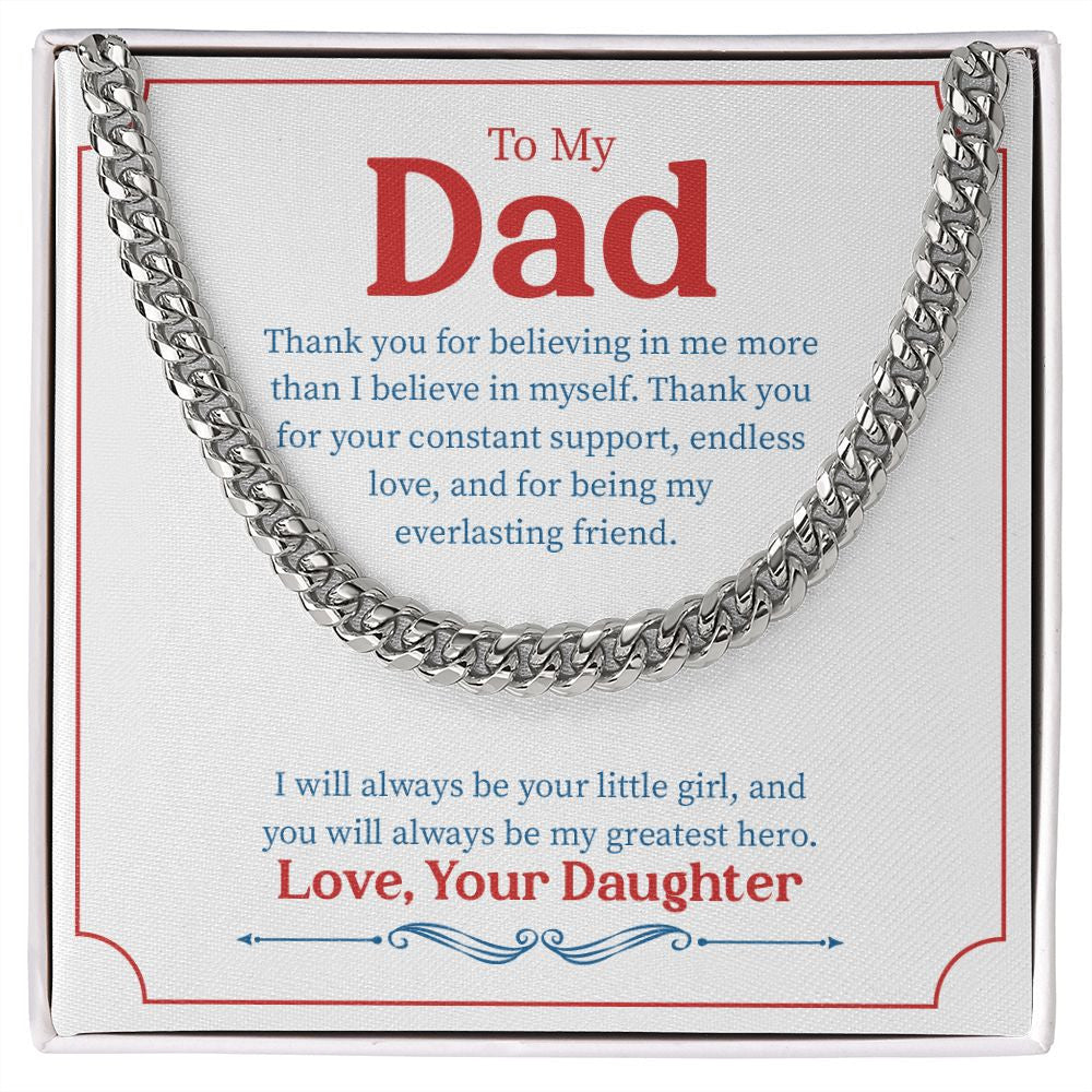 "Little Girl Greatest Hero" Dad Necklace Gift From Daughter Cuban Link Chain Jewelry Box Fathers Day Birthday Christmas Valentines