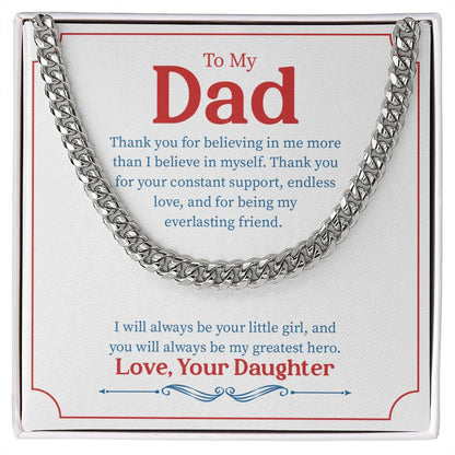 "Little Girl Greatest Hero" Dad Necklace Gift From Daughter Cuban Link Chain Jewelry Box Fathers Day Birthday Christmas Valentines