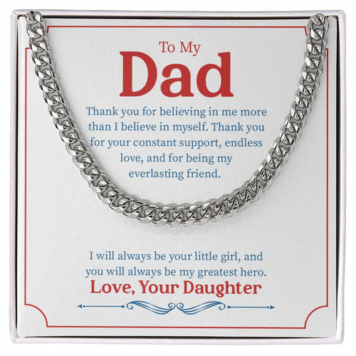 "Little Girl Greatest Hero" Dad Necklace Gift From Daughter Cuban Link Chain Jewelry Box Fathers Day Birthday Christmas Valentines