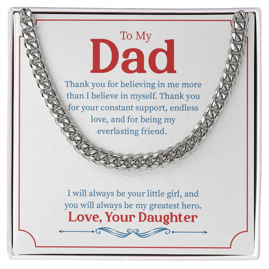 "Little Girl Greatest Hero" Dad Necklace Gift From Daughter Cuban Link Chain Jewelry Box Fathers Day Birthday Christmas Valentines