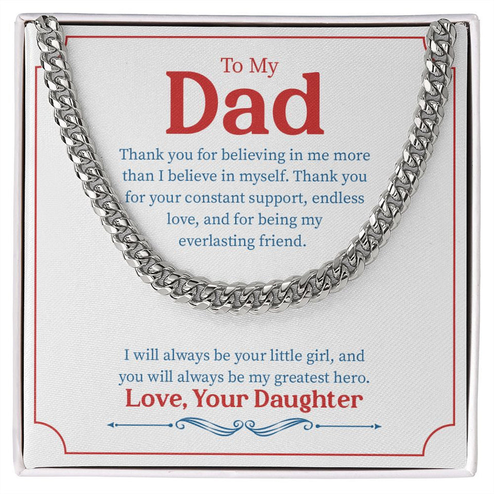 "Little Girl Greatest Hero" Dad Necklace Gift From Daughter Cuban Link Chain Jewelry Box Fathers Day Birthday Christmas Valentines