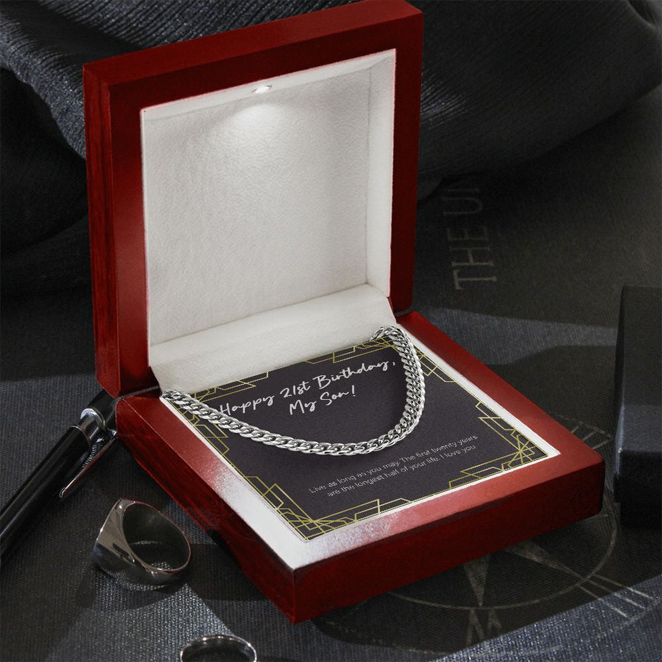 "Longest Half Of Life" Son 21st Birthday Necklace Gift From Mom Dad Cuban Link Chain Jewelry Box