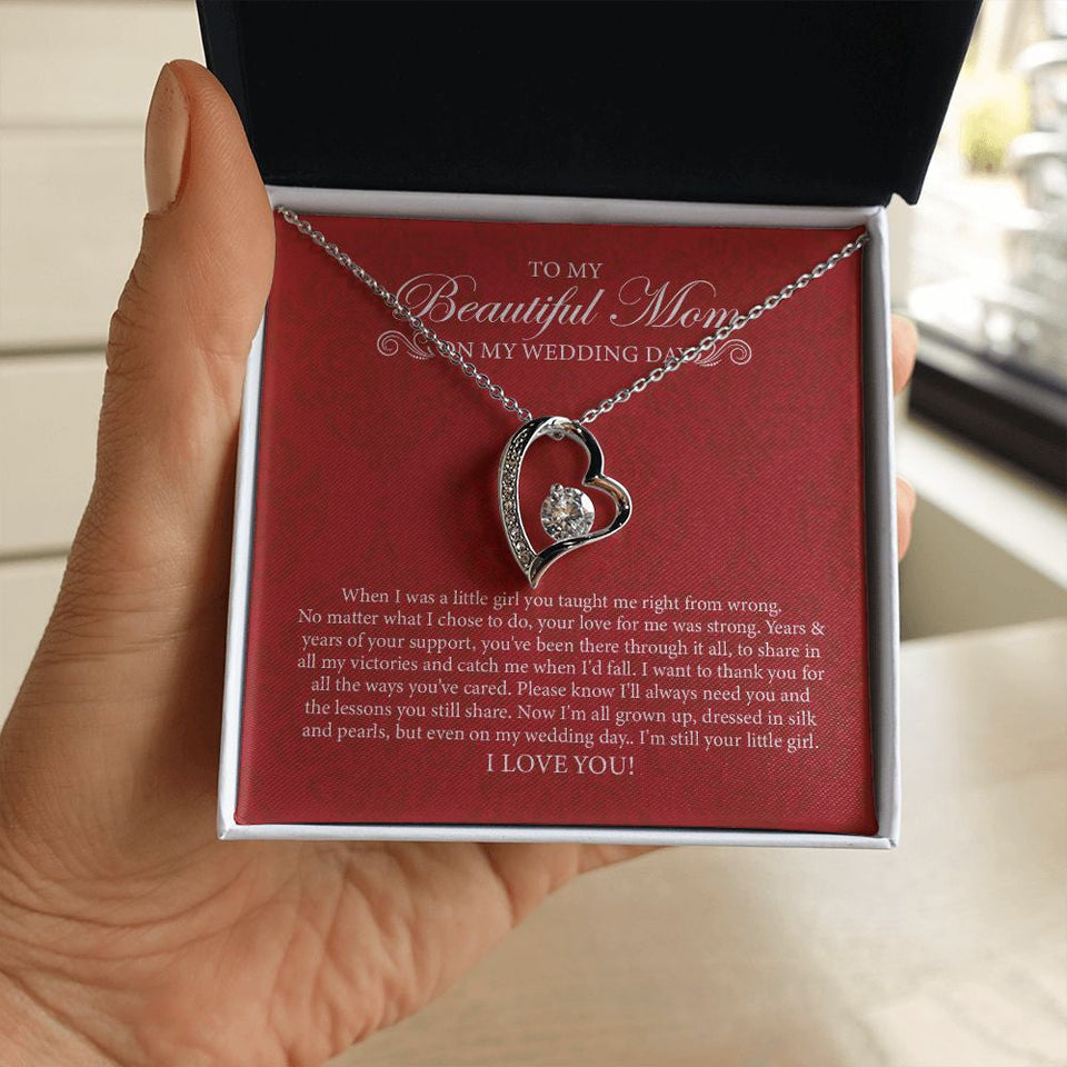 "Dressed In Silk And Pearls" Beautiful Mom of the Bride Wedding Day Necklace Gift From Daughter Forever Love Pendant Jewelry Box