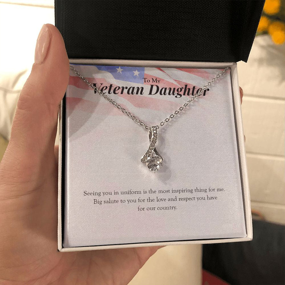 "Big Salute To You" Veteran Daughter Necklace Gift From Mom Dad Alluring Beauty Pendant Jewelry Box Deployment Veterans Day Thanksgiving