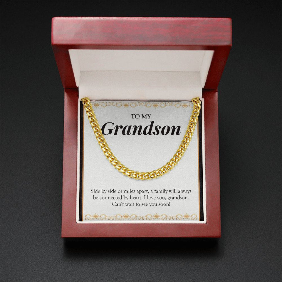 "Always Connected By Heart" Long-Distance Grandson Necklace Gift From Grandma Grandpa Cuban Link Chain Jewelry Box Birthday Christmas Thanksgiving New Year