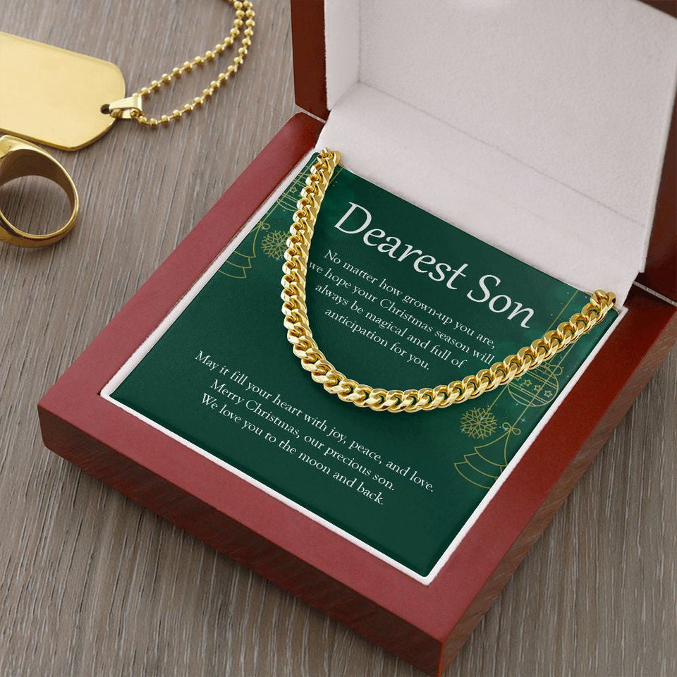 "Will Always Be Magical" Son Christmas Necklace Gift From Mom Dad Cuban Link Chain Jewelry Box