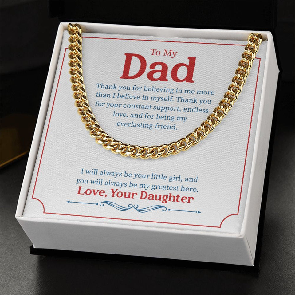 "Little Girl Greatest Hero" Dad Necklace Gift From Daughter Cuban Link Chain Jewelry Box Fathers Day Birthday Christmas Valentines