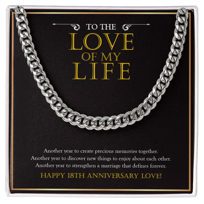 "Another Year To Stengthen" Husband Love Of My Life 18th Wedding Anniversary Necklace Gift From Wife Cuban Link Chain Jewelry Box