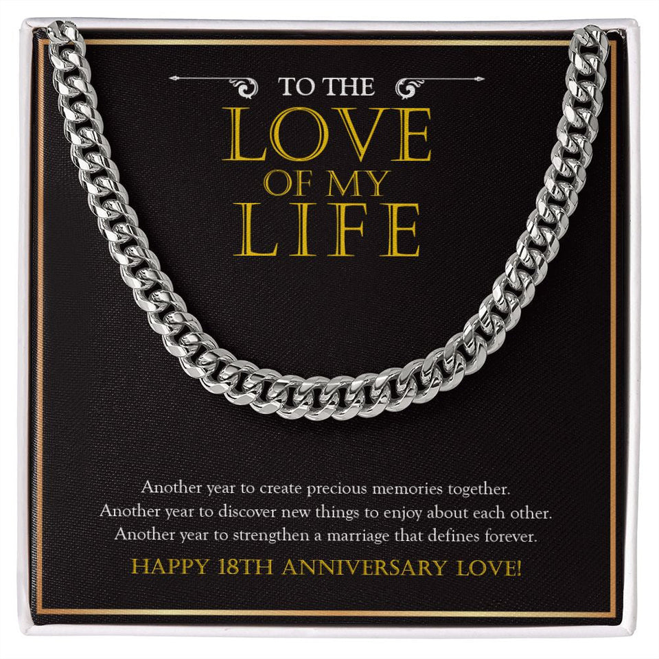 "Another Year To Stengthen" Husband Love Of My Life 18th Wedding Anniversary Necklace Gift From Wife Cuban Link Chain Jewelry Box