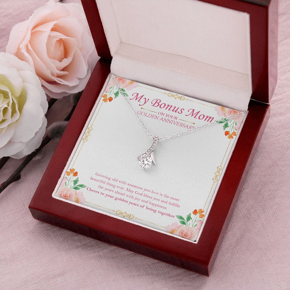 "Most Beautiful Thing Ever" Bonus Mom Golden Wedding Anniversary Necklace Gift From Daughter Son Alluring Beauty Pendant Jewelry Box