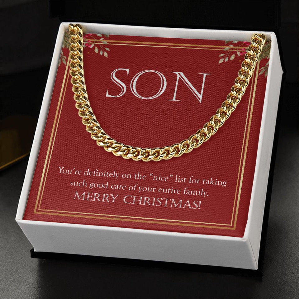 "On The Nice List" Son Christmas Necklace Gift From Mom Dad Cuban Link Chain Jewelry Box