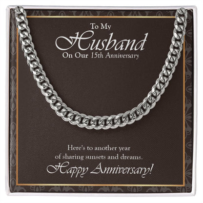 "Sunsets And Dreams" Husband 15th Wedding Anniversary Necklace Gift From Wife Cuban Link Chain Jewelry Box