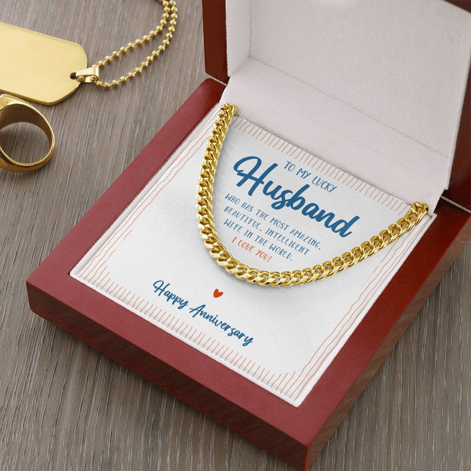 "Who Has the Most" Lucky Husband Wedding Anniversary Necklace Gift From Wife Cuban Link Chain Jewelry Box