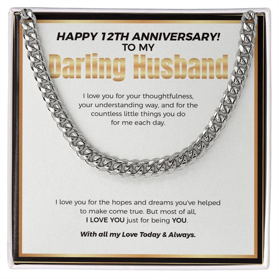 "You've Helped To Make It Come True" Darling Husband 12th Wedding Anniversary Necklace Gift From Wife Cuban Link Chain Jewelry Box