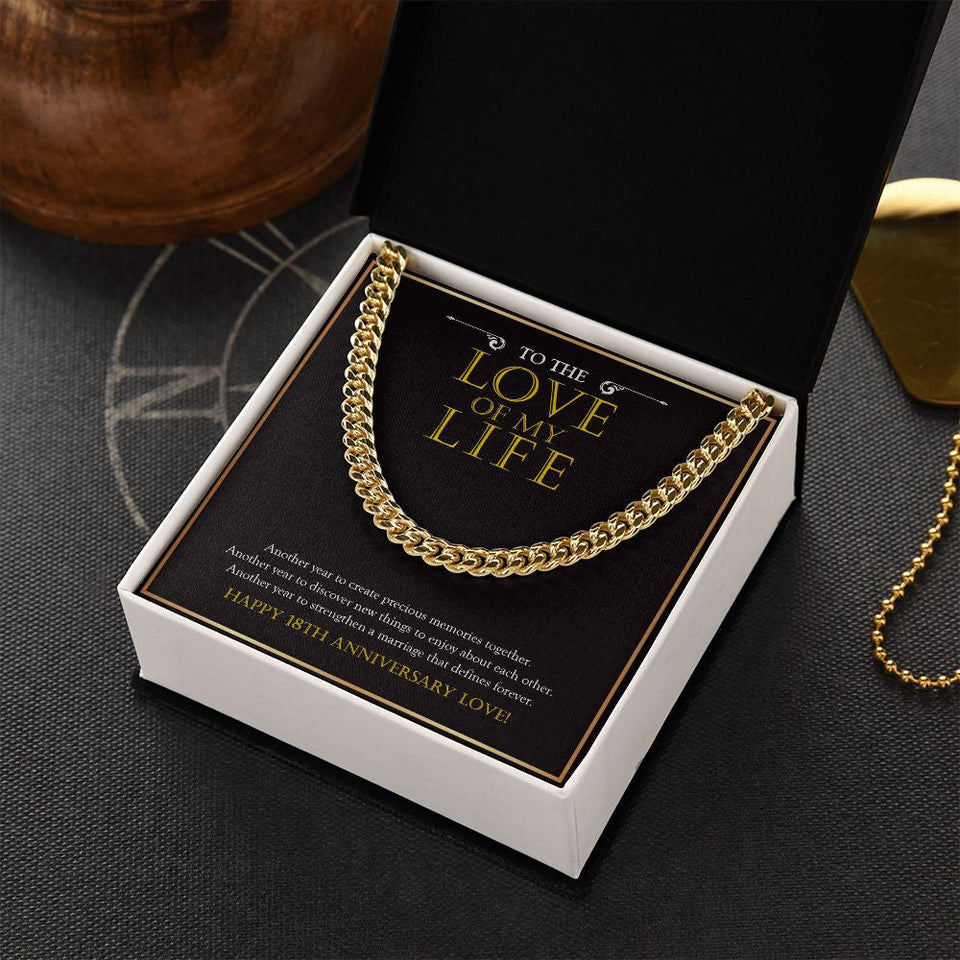 "Another Year To Stengthen" Husband Love Of My Life 18th Wedding Anniversary Necklace Gift From Wife Cuban Link Chain Jewelry Box