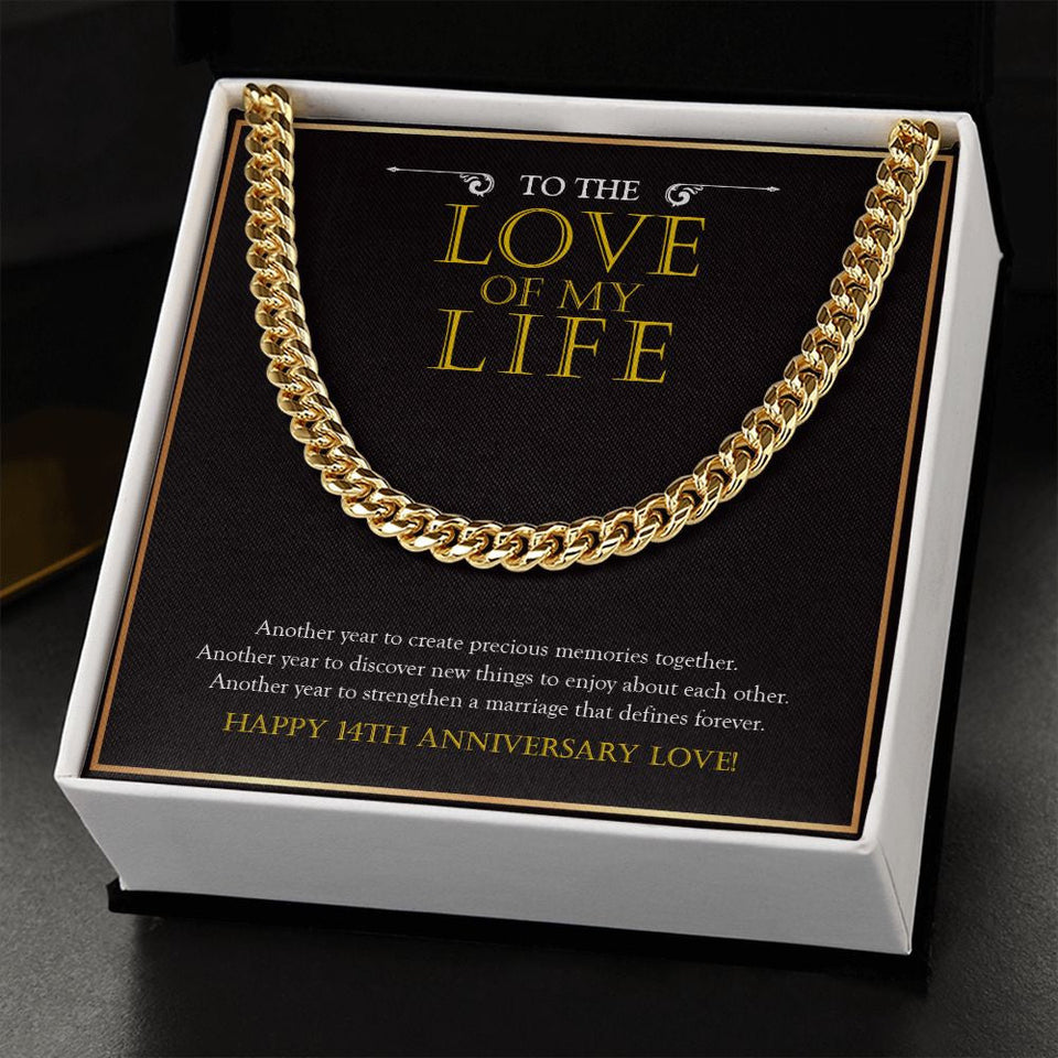 "Another Year To Create" Husband Love Of My Life 14th Wedding Anniversary Necklace Gift From Wife Cuban Link Chain Jewelry Box