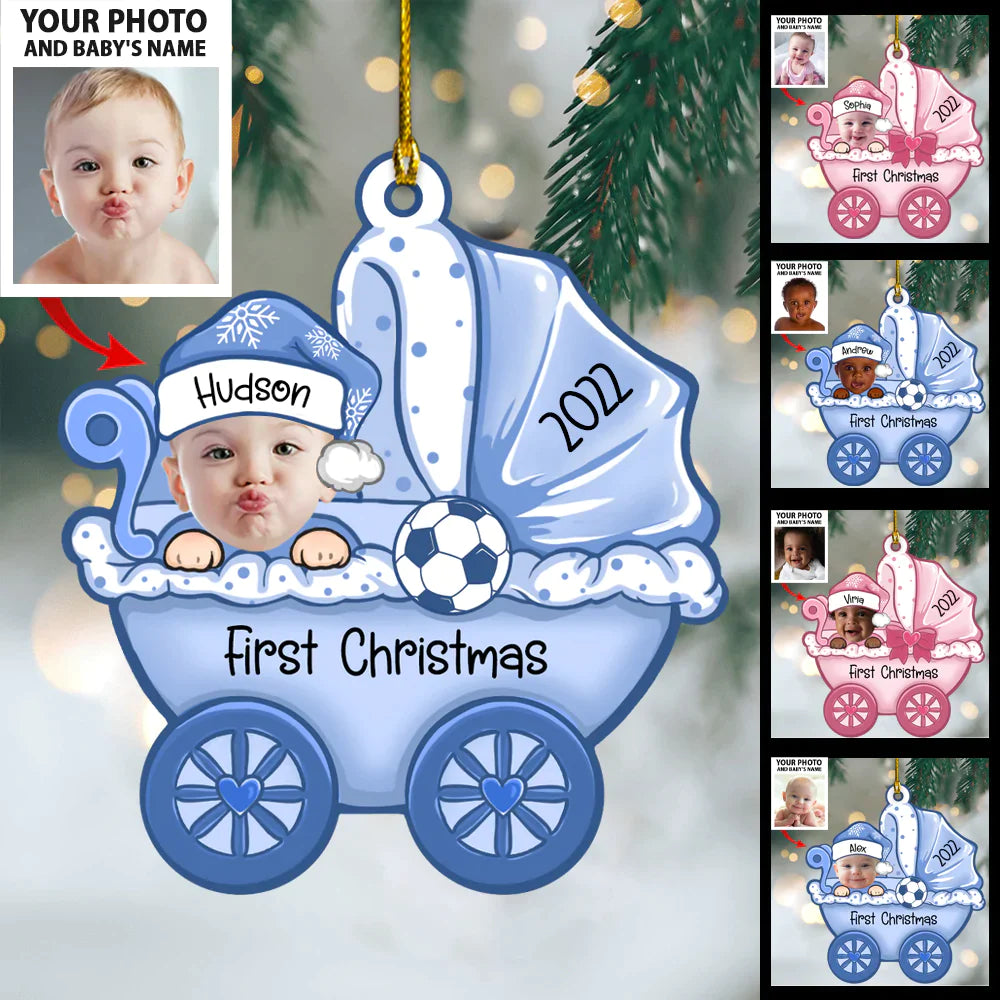 Cute Baby Strollers Ornament - Baby First Christmas Custom Name And Photo