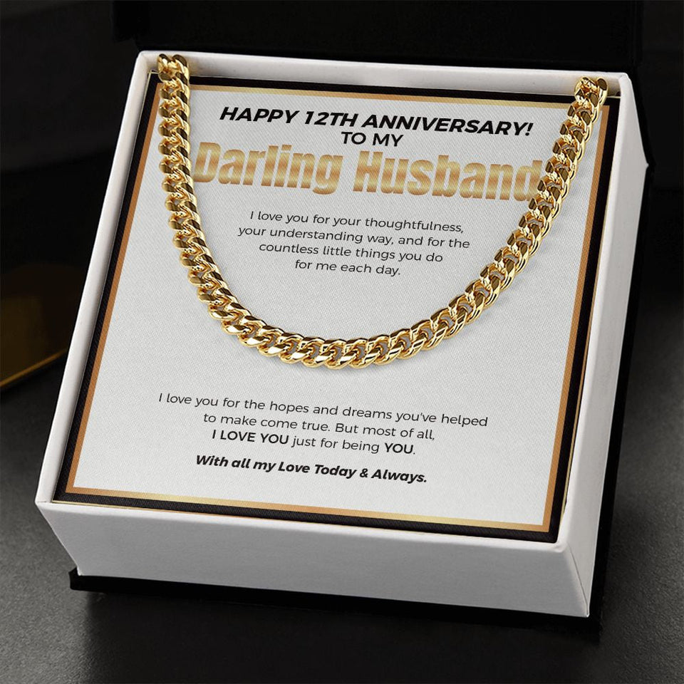 "You've Helped To Make It Come True" Darling Husband 12th Wedding Anniversary Necklace Gift From Wife Cuban Link Chain Jewelry Box