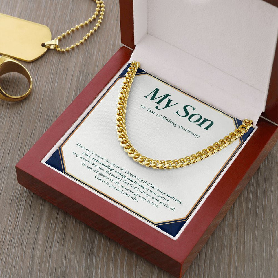 "Loveliest Married Life" Son 1st Wedding Anniversary Necklace Gift ''Loveliest Married Life" From Mom Dad Parents Cuban Link Chain Jewelry Box