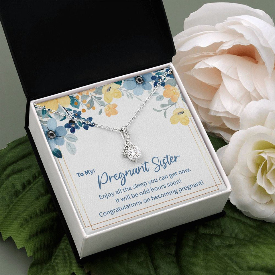 "The Odd Hours" Pregnant Sister Necklace Gift From Brother Sis Sibling Alluring Beauty Pendant Jewelry Box Baby Shower Gender Reveal Birth Announcement