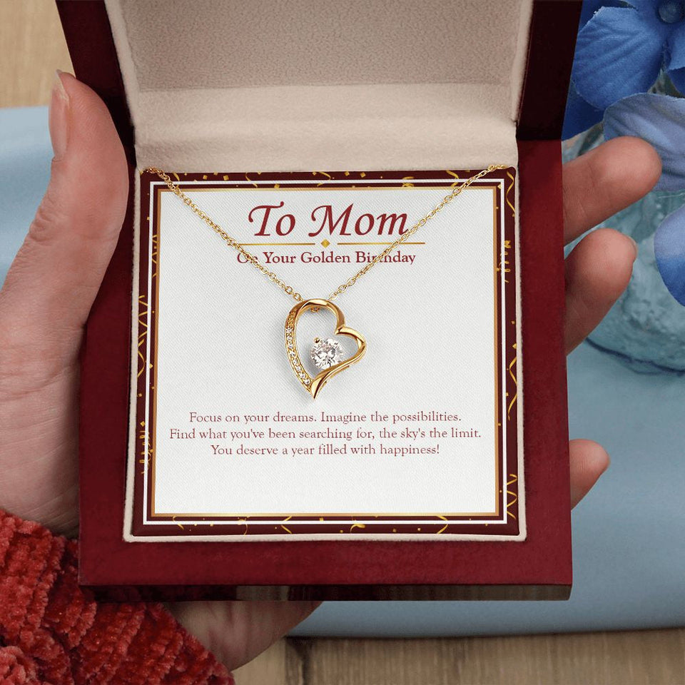 "Focus On Your Dreams" Mom Golden Birthday Necklace Gift From Daughter Son Forever Love Pendant Jewelry Box