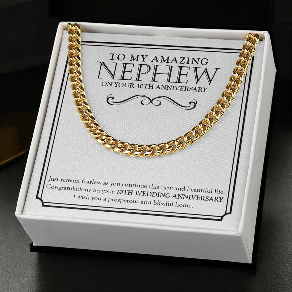 "Prosperous And Blissful" Amazing Nephew 10th Wedding Anniversary Necklace Gift Cuban Link Chain Jewelry Box