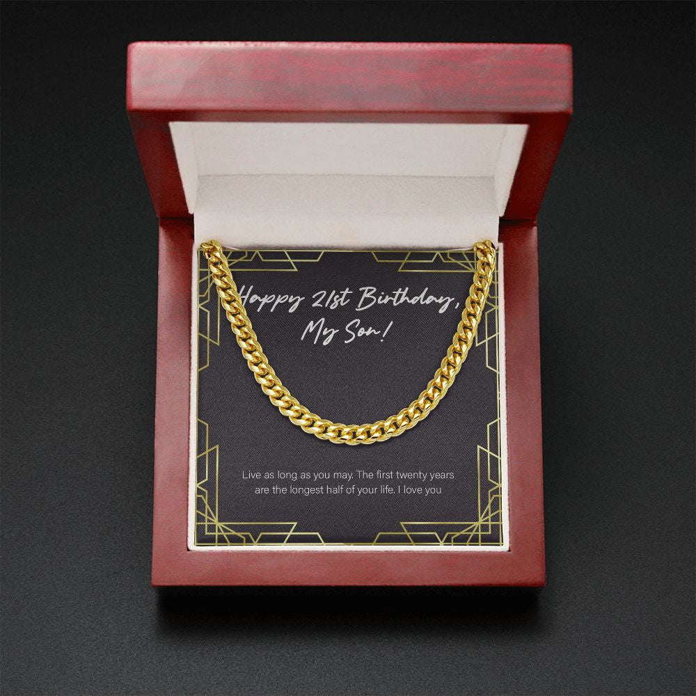 "Longest Half Of Life" Son 21st Birthday Necklace Gift From Mom Dad Cuban Link Chain Jewelry Box