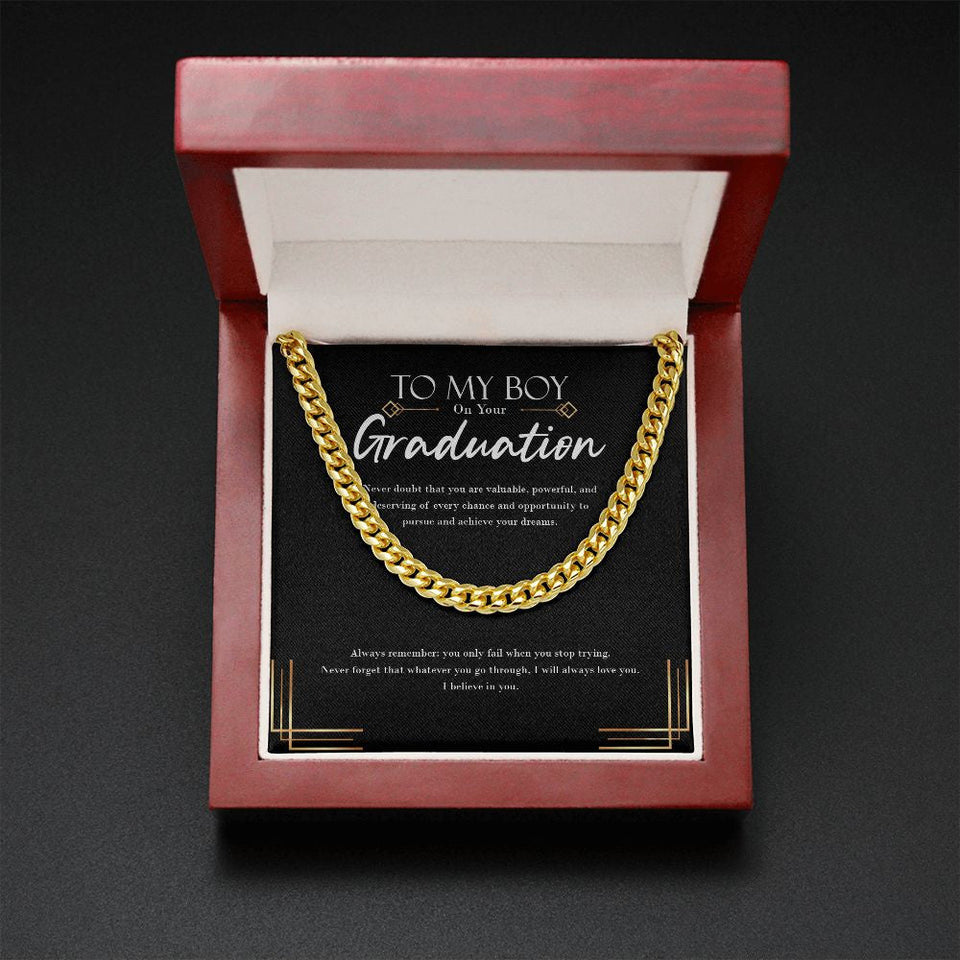 "When You Stop Trying" Son Graduation Necklace Gift From Dad Mom Cuban Link Chain Jewelry Box