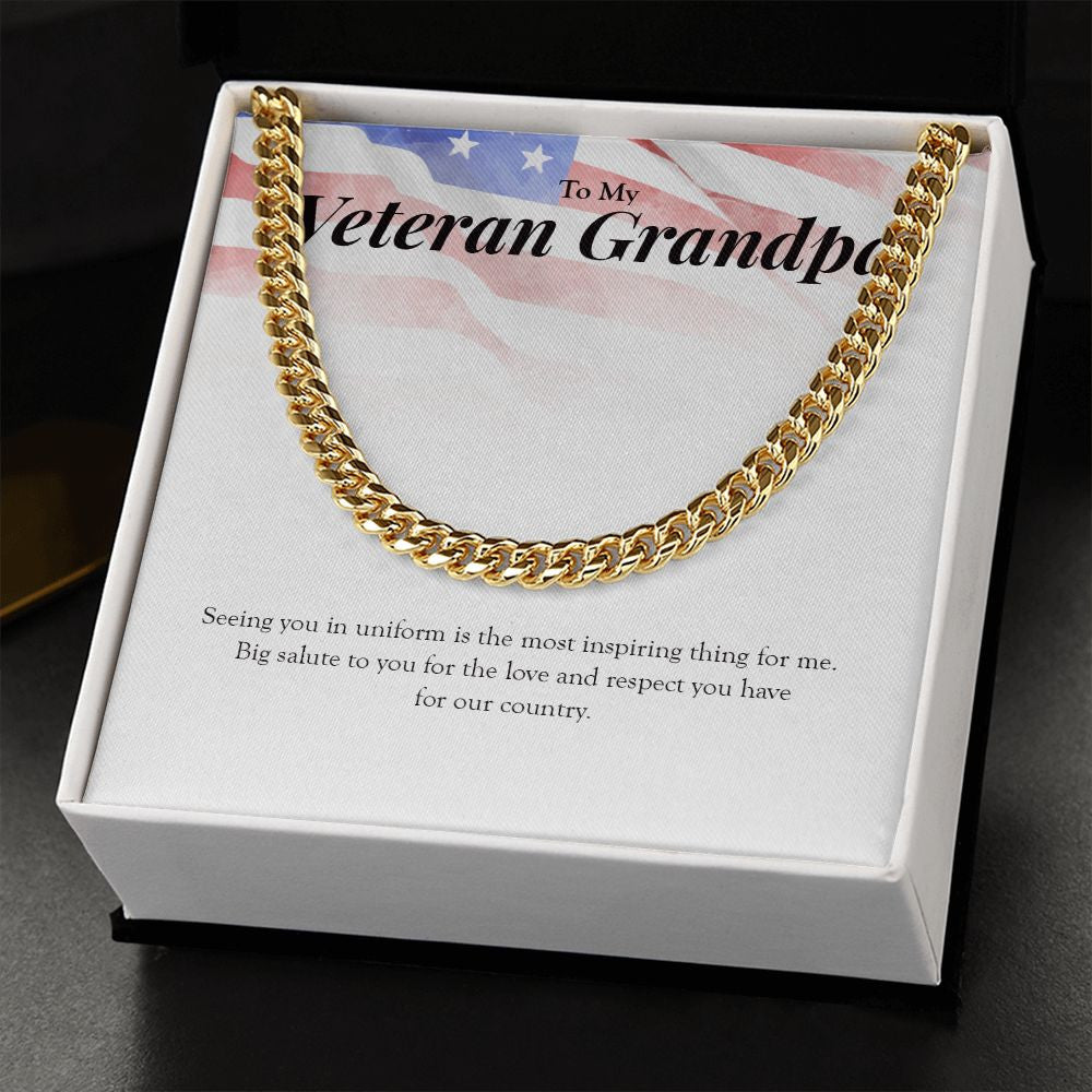 "Big Salute To You" Veteran Grandpa Necklace Gift From Granddaughter Grandson Cuban Link Chain Jewelry Box Deployment Veterans Day Thanksgiving