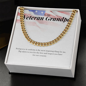 "Big Salute To You" Veteran Grandpa Necklace Gift From Granddaughter Grandson Cuban Link Chain Jewelry Box Deployment Veterans Day Thanksgiving